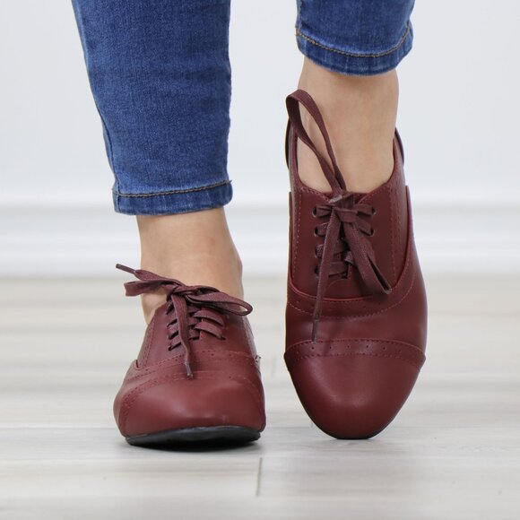 Wine Synthetic Leather Lace up Flat Heel Oxford Style Shoes - Picture 9 of 13